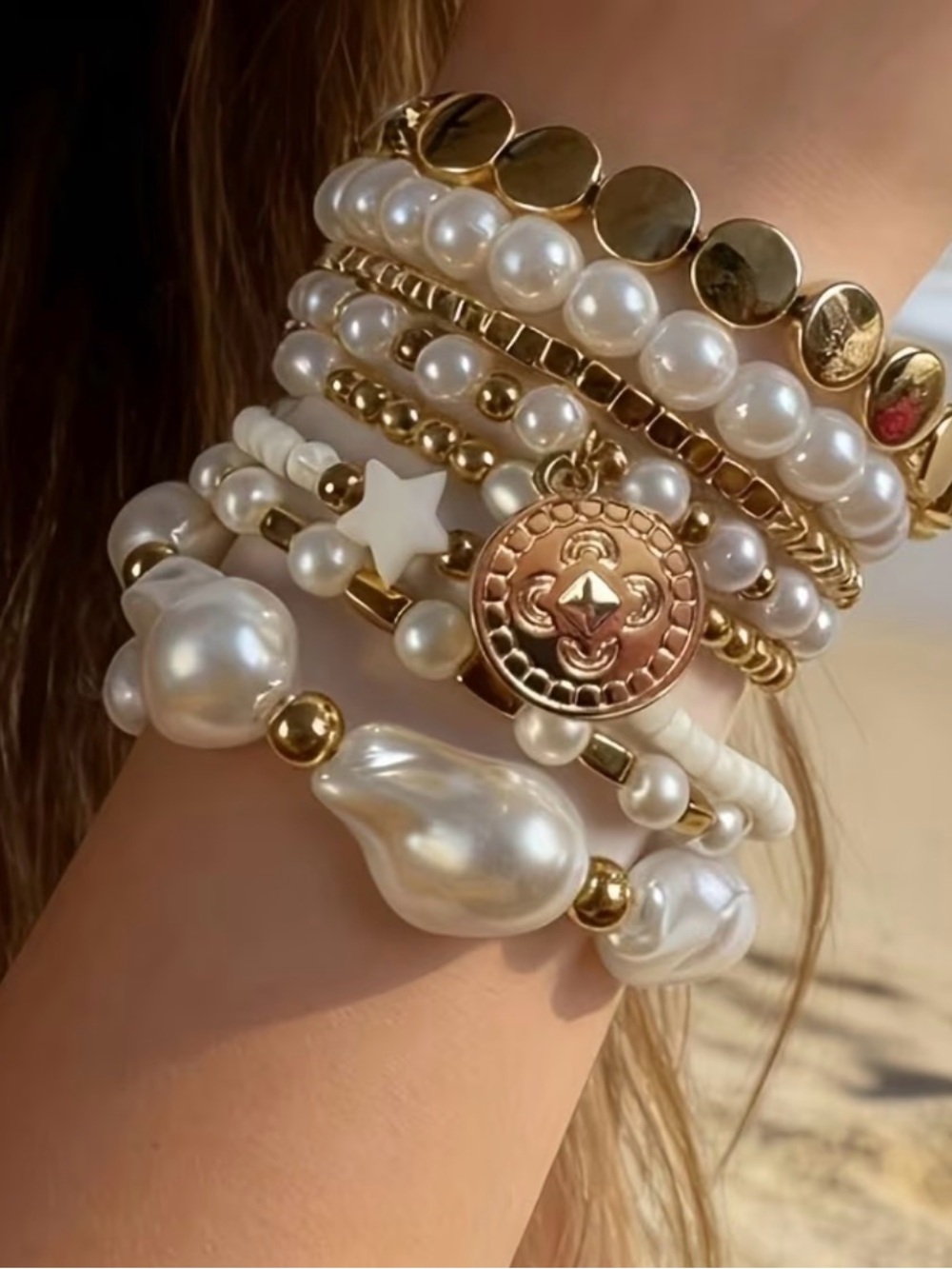Pearl & Gold Stackable Bracelet Set - White Pearls with Gold Accents